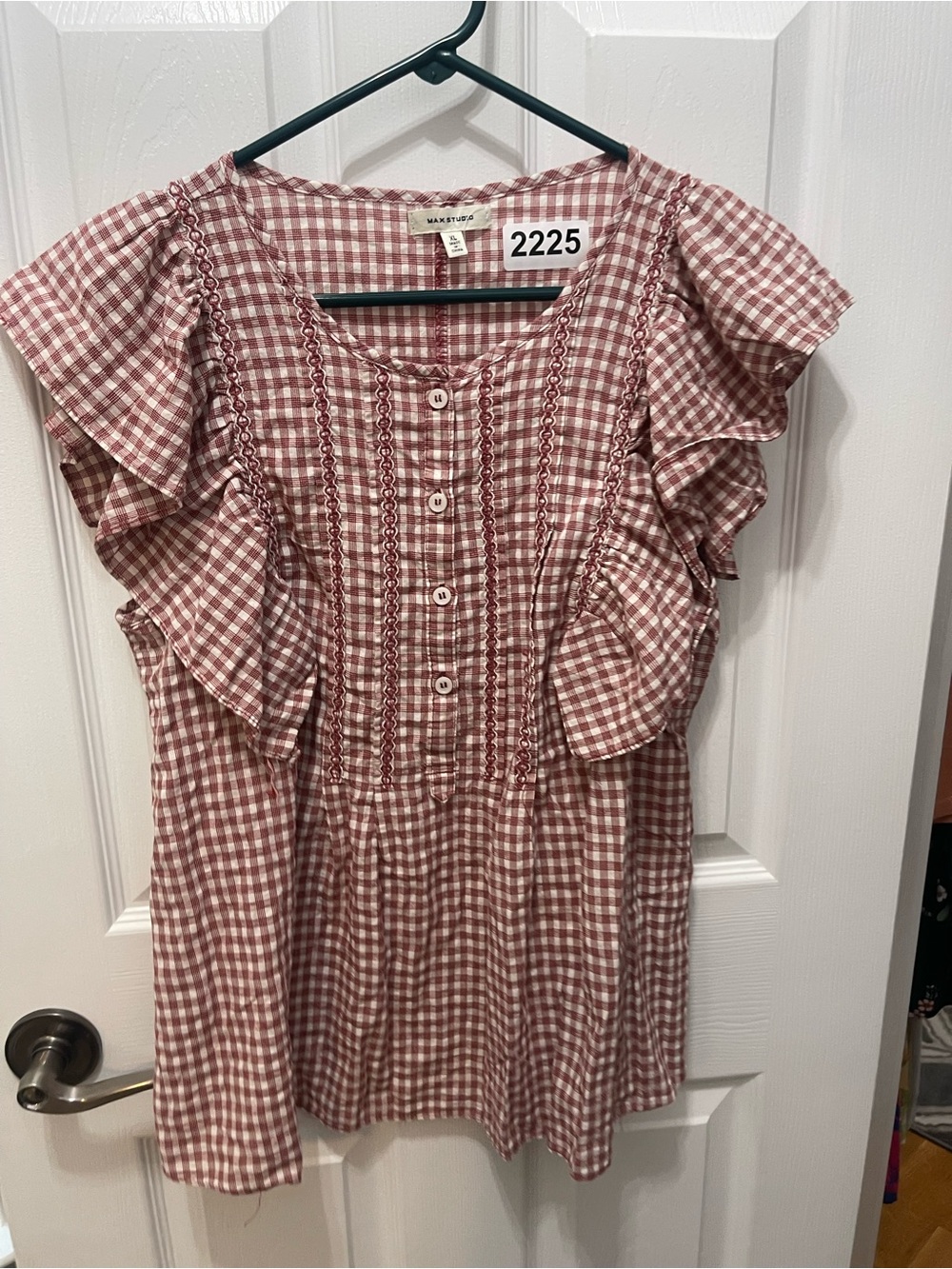 Max Studio Pink Gingham Ruffle Sleeve Button Front Blouse